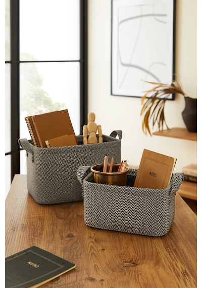 Ocean Home Textile 2'li Antrasit Renk Dokulu Kumaş Sepet Set 24 x 17 x 12 / 30 x 21 x 18 cm