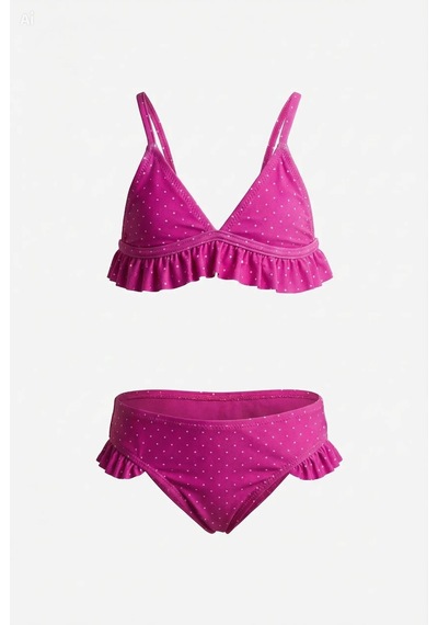 Endeep Kız Çocuk Pembe Fırfırlı Puantiye Desenli Mayo Bikini Takımı Pembe-beyaz