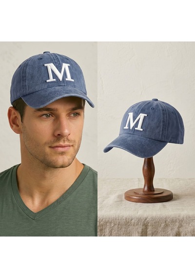 Bk Gift Kişiye Özel Harf Nakışlı Vintage Lacivert Beyzbol Şapkası Unisex Eskitme Kumaş Metal Tokalı