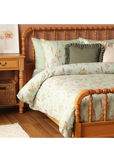 Flores Çiçek Desenli%100 Pamuk Saten Nevresim Seti, Açık Yeşil, Tek Kişilik Nevresim: 160x220 Cm / 1 Adet Yastık Diğer