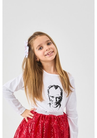 Le Mabelle Beyaz Atatürk Baskılı Uzun Kollu Kız Çocuk Tişört Beyaz