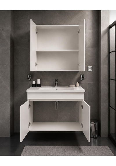 Modern 80 Cm Beyaz Mdf Hilton Aynalı Seramik Lavabolu Banyo Dolabı Takımı Alt Ve Üst Dolaplı Modern 80 Cm Beyaz Mdf Hilton Aynalı Seramik Lavabolu Banyo Dolabı Takımı Alt Ve Üst Dolaplı