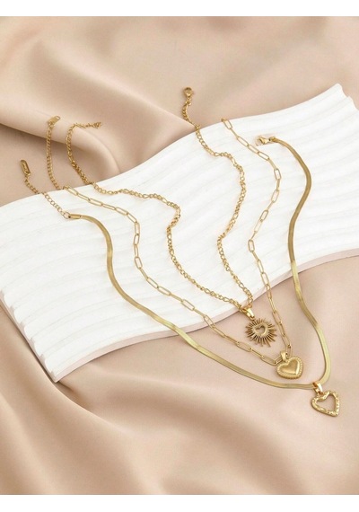 Girift Vintage Alun 3'lü Gold Kalpli Kolye Sarı