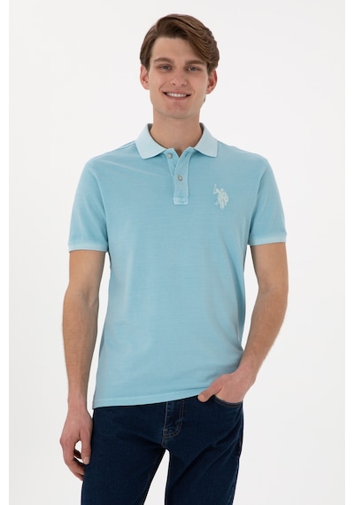 U.S. Polo Assn. Erkek Slim Fit Polo Yaka Açık Mavi Yıkamalı Basic Tişört 50305995-VR007