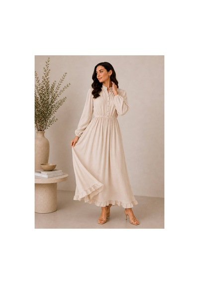Hira Life Fashion Kadın Çilek Kumaş Ve Önü Düğmeli Eteği Fırfırlı Hakim Yaka Elbise Taş Taş