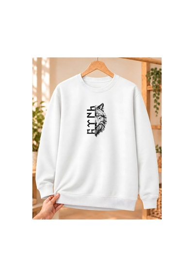 Mor Mürekkep Yarım Bozkurt Ve Dikey Göktürk Yazısı Baskılı Bisiklet Yaka Sweatshirt - Beyaz