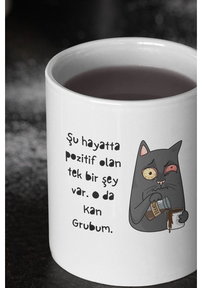 Şu Hayatta Pozitif Olan Tek Şey Kan Grubum-kedi Baskılı Eğlenceli Hediyelik Beyaz Kupa Bardak