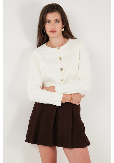 Lela Premium Regular Fit Bisiklet Yaka Düğmeli Dokulu Triko Bayan Hırka 680Hi00337 Ekru