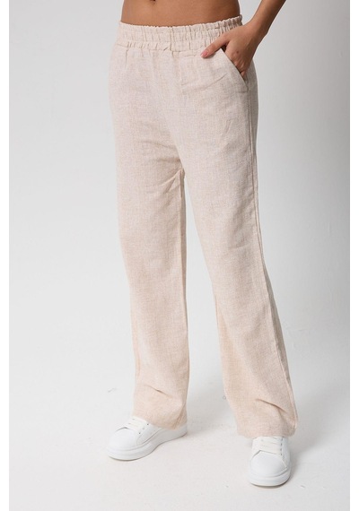 Kadın Beli Lastikli Cepli Keten Pantolon-3 Bej