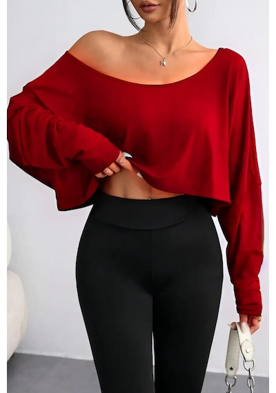 Kadın Düşük Omuz Kayık Yaka Oversize Uzun Kollu Crop T-shirt Kırmızı