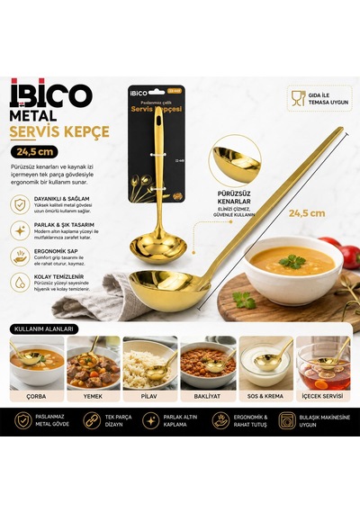 İbico İ22-449 24.5cm Gold Altın Metal Servis Kepçe - 12'li Paket Diğer