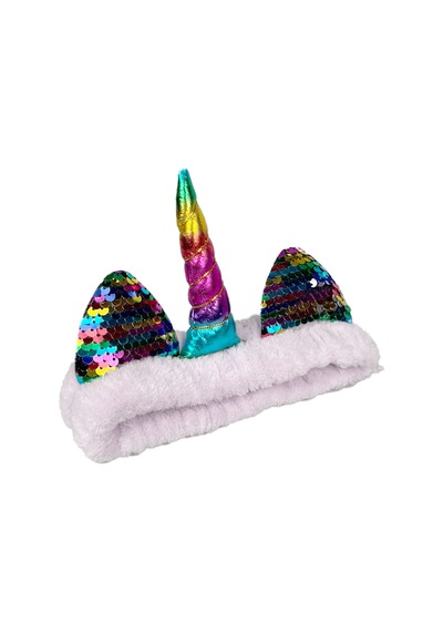 Unicorn Peluş Bandana Makyaj Saç Bandı Lila Gökkuşağı Boynuzlu Beyaz
