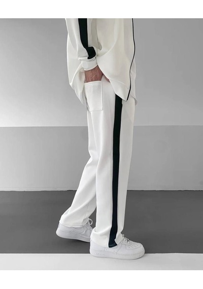 Moda Erkek Scuba Kumaş Oversize Şerit Detaylı Fermuarlı Alt Üst Eşofman Takımı - Beyaz Çok Renkli