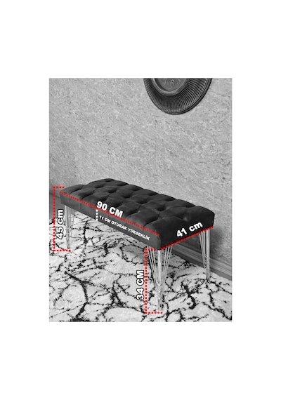 Gold Tel Ayaklı 90 Cm Puf Bench - Puf - Bench - Kasalı Oturak - Oturak - Yatak Ucu Puf Siyah