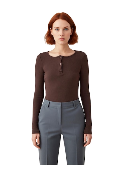 Ersefa Stil Kadın Çıtçıtlı Fitted Vücuda Oturan Fitilli Esnek Bluz Regul Açık Kahverengi