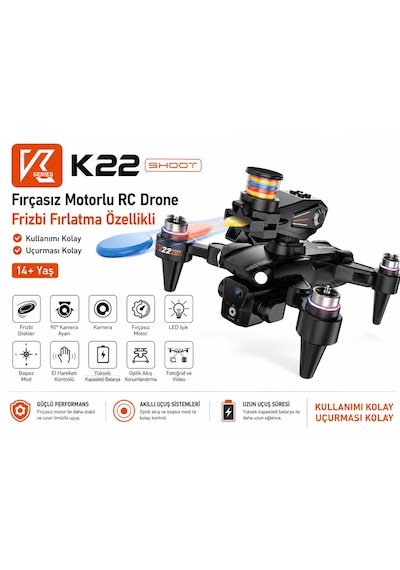 K22 Shoot Frizbi Fırlatma Özellikli Fırçasız Motorlu Rc Drone Hava Fotoğrafçılık Dron Katlanabilir Akıllı Sensör Kumandalı Wifi Fpc Vanlı Görüntü Elektirikli Kamera
