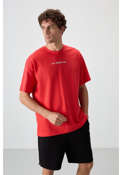 Air Jones Tommy Life Fiesta Pamuklu Kalın Yüzeyi Dokulu Oversize Fit Baskılı Erkek T-shirt - 88364 Kirmizi
