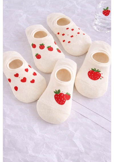 Hitit Socks Kadın5 Çift Çilek Ve Kalp Desenli Yüksek Pamuklu ... Çok Renkli