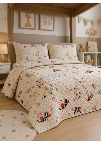 Çift Kişilik Kapitone Dolgulu Safari Desen Pike 4 Mevsim 2 Adet Yastık Kılıfı Dahil 200x230cm Bej