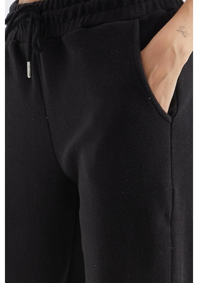 Siyah Yüksek Bel Basic Bağcıklı Jogger Polar Kadın Eşofman Alt - 94622 Siyah