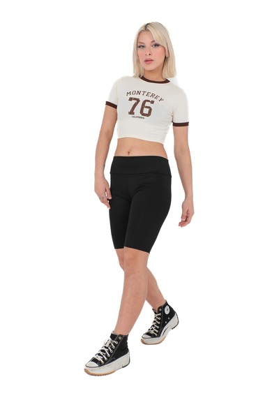 Sortie Collection Bisiklet Yaka Önü Baskılı Pamuklu Crop Tişört Taş