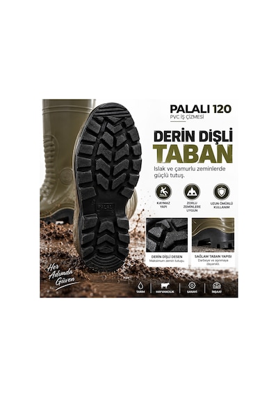120 Haki Pvc Su Geçirmez İş Çizmesi Kaymaz Tabanlı Tarım Hayvancılık Sanayi Çizmesi Palalı 120