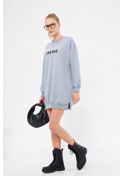 Armonika Kadın Gri Bisiklet Yaka Önü Yazılı Tunik Sweatshirt Arm-25k001029