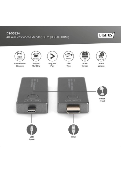 Digitus 4k Kablosuz Av Video Aktarıcı Seti, 30 M Usb Type-c - Hdmı, 4k/30 Hz