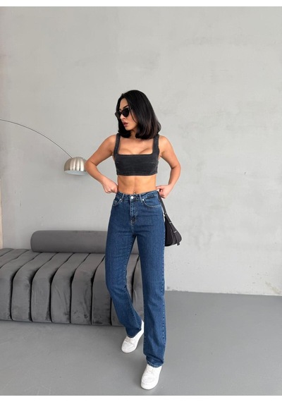 Dark Blue Straight Boru Paça Jean Mavi+koyu