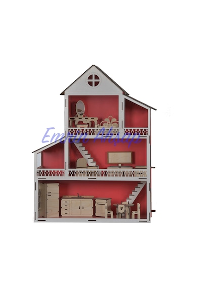 Wood Kids Toys Mobilyalı Ahşap Bebek-Çocuk Oyun Evi Seti