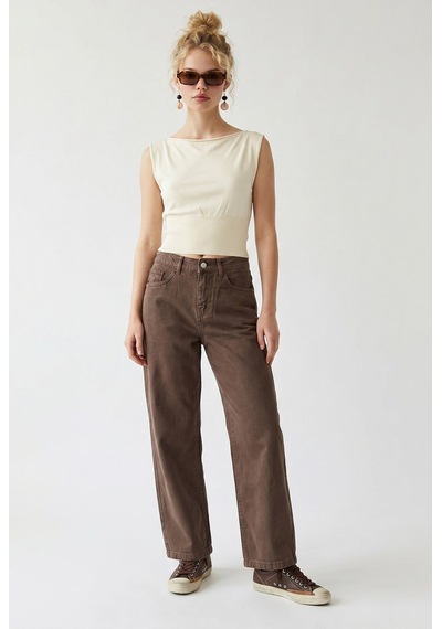 Mixray 2128 Kadın İnce Mevsimlik Yüksek Bel Wide Leg Denim Pantolon Kahve