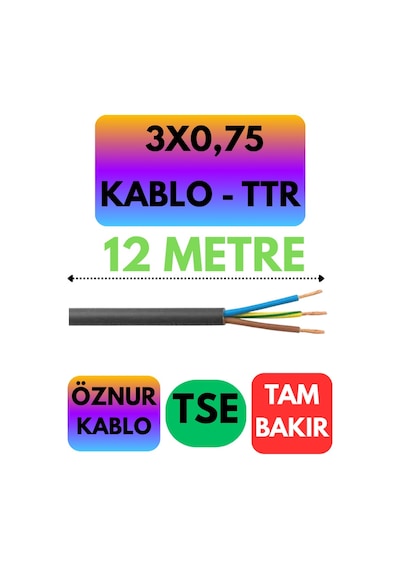 Öznur 3x0,75 Ttr Kablo Siyah Metre Seçenekli - 12 Metre