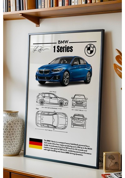 Bmw 1 Serisi Tablo - Teknik Özellikli Alman Spor Hatchback Poster - Çerçeve Duvar Dekoru - Blueprint Siyah
