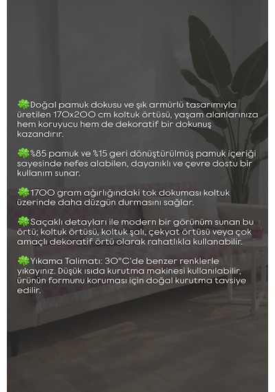 Miracolo Home Pamuklu Koltuk Örtüsü Şalı Kaymaz Dokulu Çok Amaçlı Kanepe Çekyat Örtüsü Bej