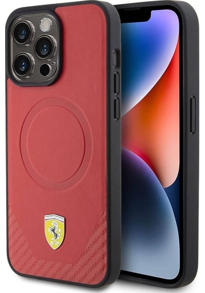 Apple Apple iPhone 15 Pro Max Uyumlu Kılıf Ferrari Lisanslı Magsafe Şarj Özellikli Metal Logolu Pu Karbon