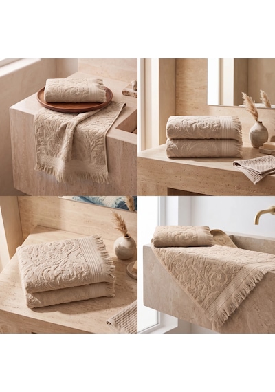 Botti Home %100 Pamuk Jakarlı 2 Li El Ve Yüz Havlusu Seti 50 X 90 Cm Çeyizlik Saçaklı Havlu Bej