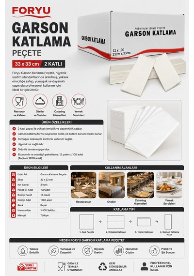 Foryu Garson Katlama Peçete 33x33-12x100 2 Katlı