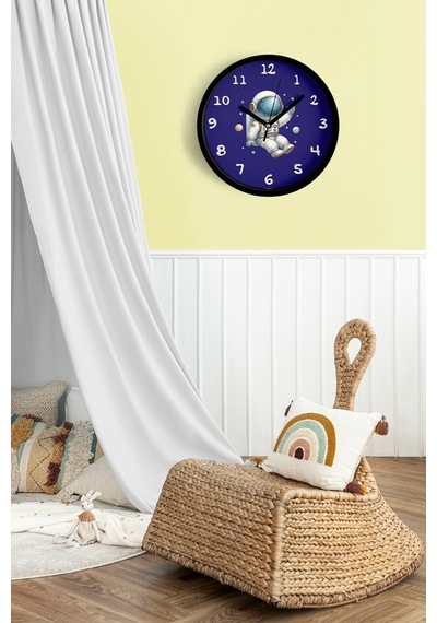Astronot Tasarımlı Modern Çocuk Odası Duvar Saati - 25cm - Önü Camlı Siyah Kasa - Sessiz Mekanizma-jh0991 Siyah