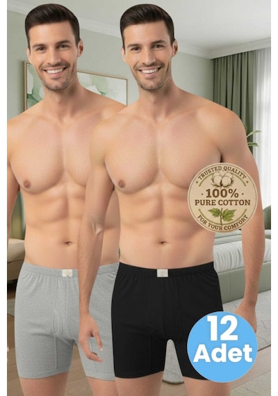 Uniquetrenders Erkek %100 Pamuklu 12'li Süprem Kumaş Penye Boxer Siyah - Gri