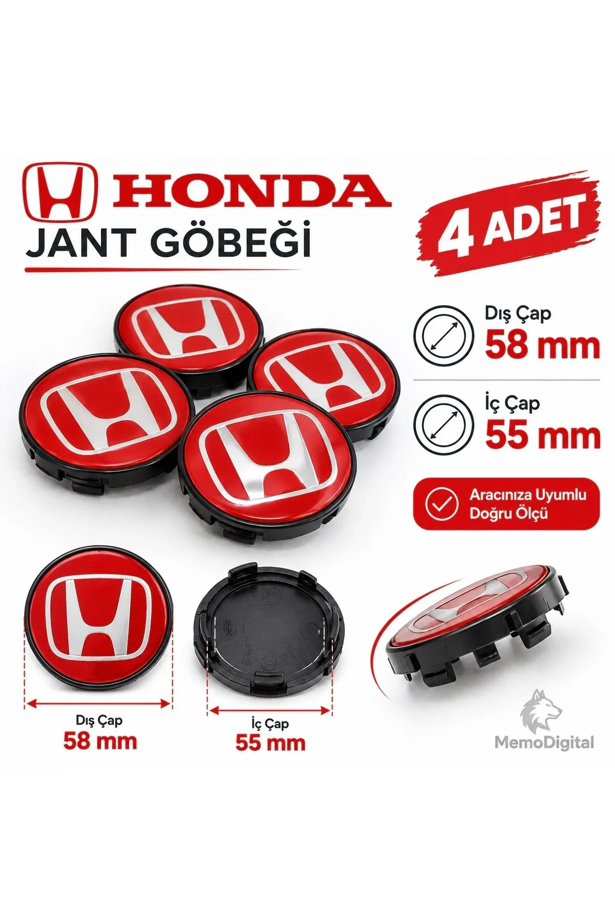 Universal Honda Jant Göbeği Kırmızı 58 Mm 55 Mm
