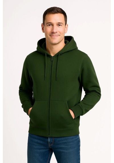 Erkek Üç İplik Kapüşonlu Tam Fermuarlı Kanguru Çepli Sweatshirt Hoodie - Haki Haki