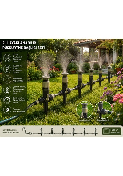 2'li Ayarlanabilir Bahçe Sulama Püskürtme Başlığı Seti 0-360 Döner Fıskiye 500 M² Sulama Alanı