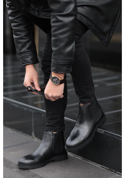 Shoetyle - Siyah Hakiki Deri Erkek Chelsea Bot-719-siyah Siyah