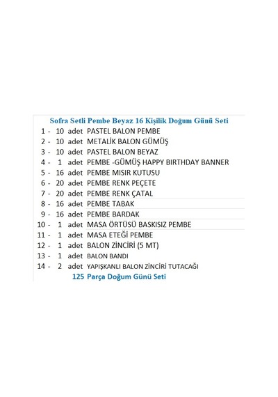 Sofra Setli Pembe Beyaz 16 Kişilik Doğum Günü Seti
