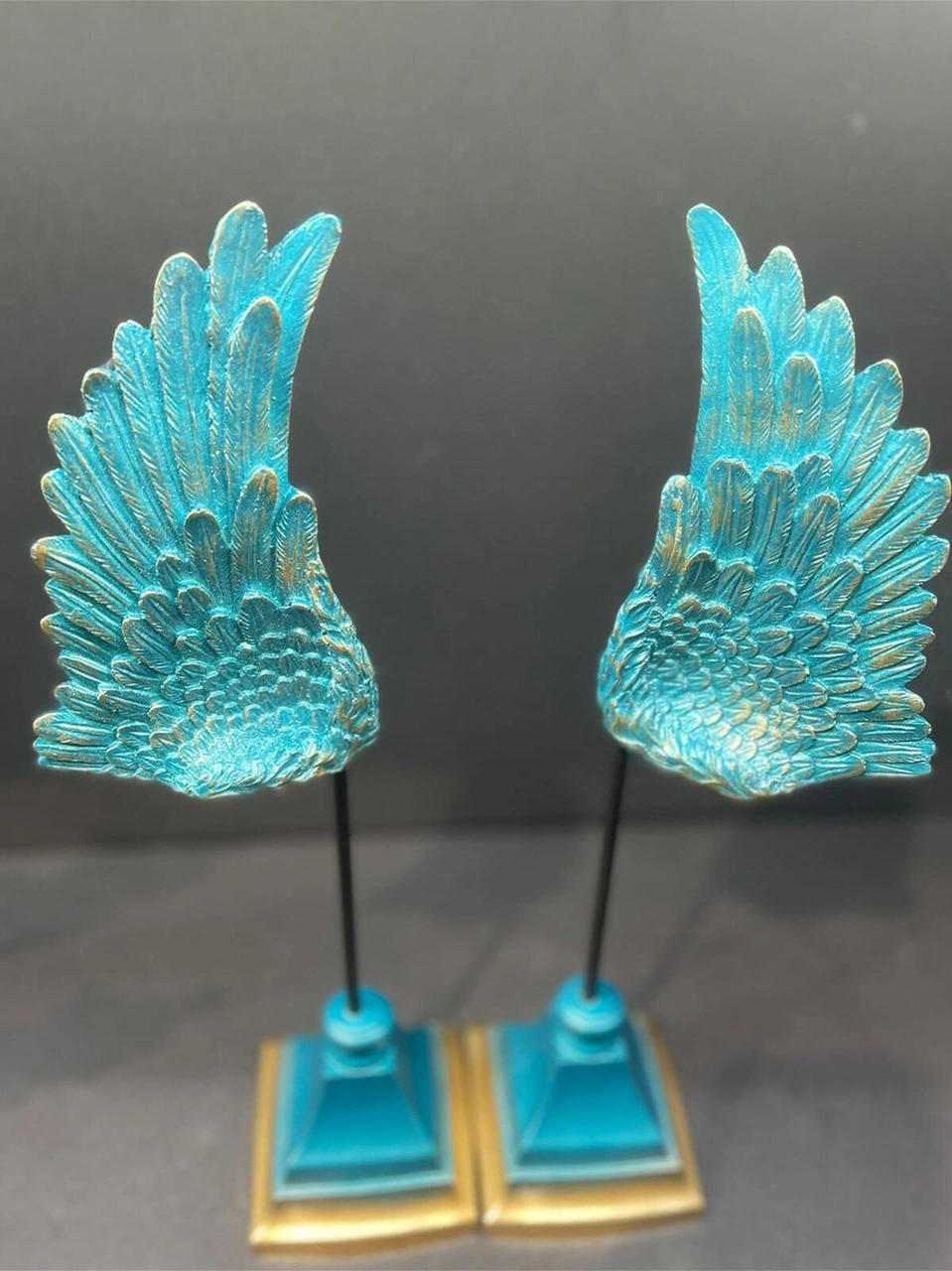 Dekoratif Polyester Ikili Melek Kanatları Biblo Turkuaz Gold Eskitme .