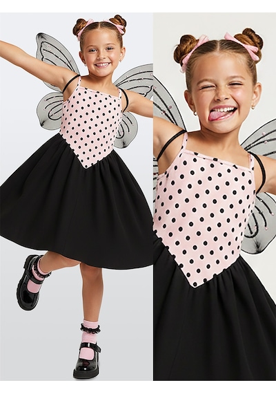 Denokids Kız Çocuk Elbise Pamuk Pembe Siyah Puantiyeli İlkbahar Yaz Sezonu 5-8 Yaş Çok Renkli
