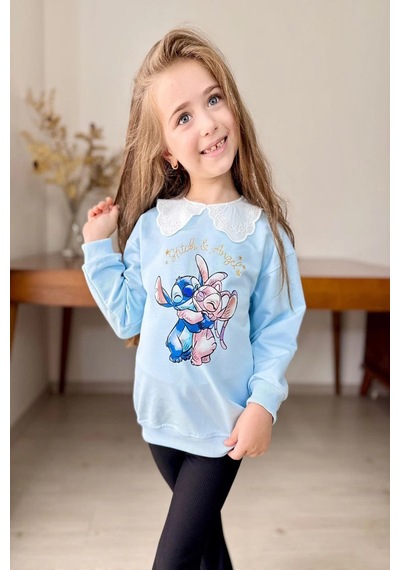 Koçak Kids Yaka Detaylı Stitch Desenli Mavi Renk Kız Çocuk Takım Mavi