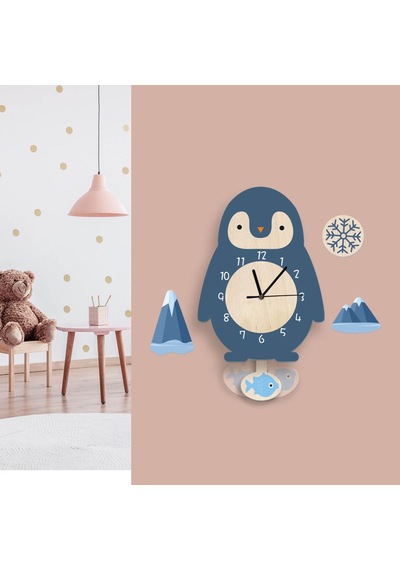 Sallanan Sarkaçlı Penguen Desenli Çocuk Odası Duvar Saati Çok Renkli