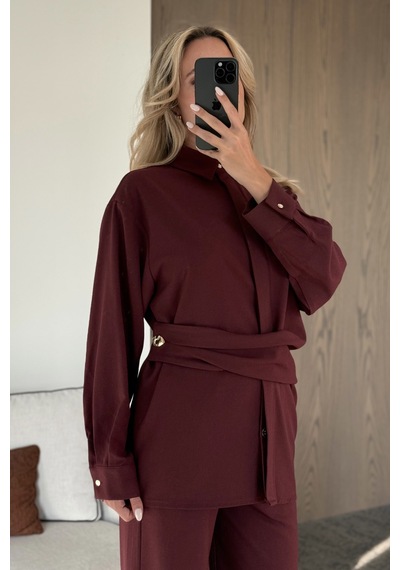 Laluvia Bordo Gold Aksesuar Düğmeli Gömlek Pantolon Takım - 8856 Bordo