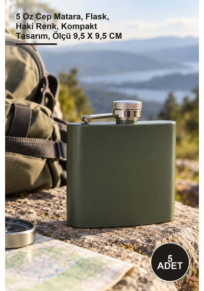 5 Adet Matara 5 Oz Cep Matara, Flask, Haki Renk, Kompakt Tasarım, Ölçü 9,5 X 9,5 Cm